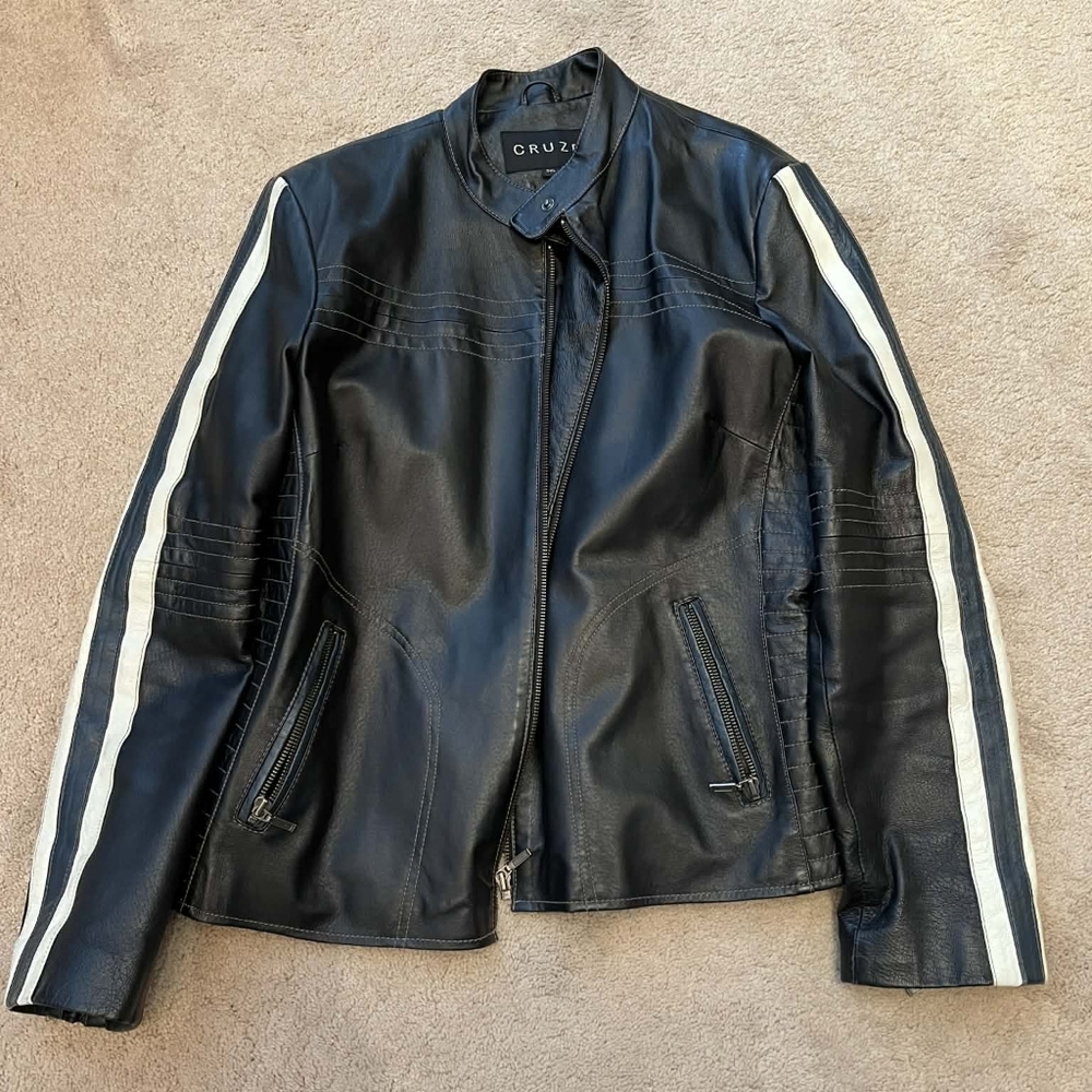 Black Leather Jacket with White Stripes 2XL